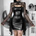 Gothic Style Suspender Pu Leather Dress And Trumpet Long Sleeve Mesh Outerwear Set NSGYB116270