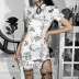 Gothic Style Print High Waist Hollow Slit Dress NSGYB116350