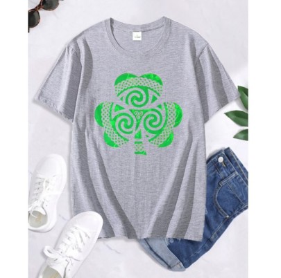 St. Patrick'S Day Green Shamrock Print Short Sleeve T-Shirt NSSYD116353