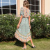 V Neck Short Sleeve Lace-Up Floral Dress NSDMB116416