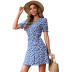 Bubble Short-Sleeved V-Neck Lace-Up Floral Dress NSDMB116427