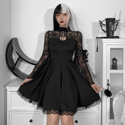 Gothic Style Stitching High-Neck Hollow Bell-Sleeved Lace Mesh Dress NSGYB116438