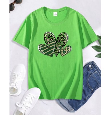 St. Patrick'S Day Green Shamrock Heart Print Short Sleeve T-Shirt NSSYD116356