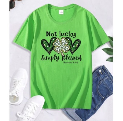 St. Patrick'S Day Green Love Four Leaf Clover Letter Print Short Sleeve T-Shirt NSSYD116354