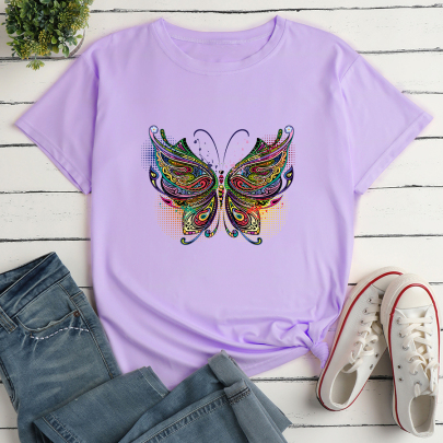 Colorful Butterfly Print Short Sleeve Loose T-Shirt NSYAY117239