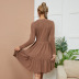 Round Neck Long Sleeves Mid-Waist Large Swing Solid Color Dress NSBJL116517