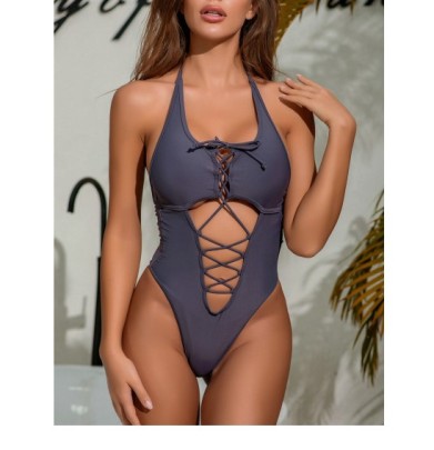 Hanging Neck Lace-Up Backless Solid Color One-Piece Swimsuit NSCSM116612