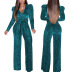 V-Neck High-Stretch Waist Lace Up Filigree Jumpsuit NSMRF116718