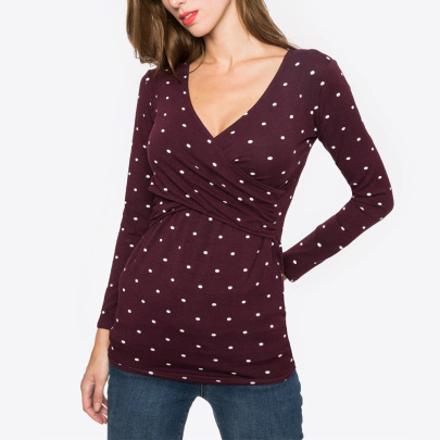 Deep V Neck Long Sleeve Printed/Solid Color Breastfeeding Maternity Wear NSHYF116739