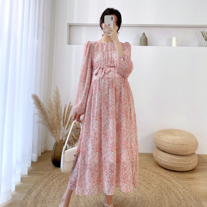 Long Sleeves Loose Lace-Up Floral Chiffon Maternity Dress NSXYL116752