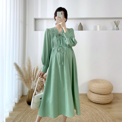 Long Sleeve Lace-Up Loose Solid Color Maternity Dress NSXYL116753