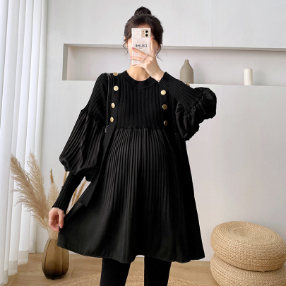 Knitted Solid Color Long Sleeve Loose Round Neck Maternity Dress NSXYL116754