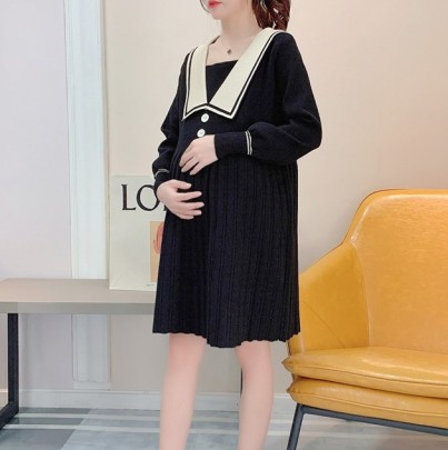 Loose Long Sleeve Color Matching Knitted Maternity Dress NSXYL116756