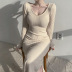 Slim V-Neck Long Sleeve Split Knitted Pit Strip Dress NSSSN115114