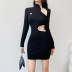 High-Necked Hollow Slim Long Sleeve Contrast Color Dress NSSSN115124