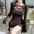 Solid Color Side Drawstring Square Collar Long-Sleeved Sheath Dress NSSSN115202