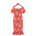 Elastic Short Sleeve Square Neck Flower Print Dress NSXFL115241