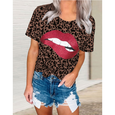 Lips Print Leopard Round Neck Short Sleeve T-Shirt Top NSYF2171