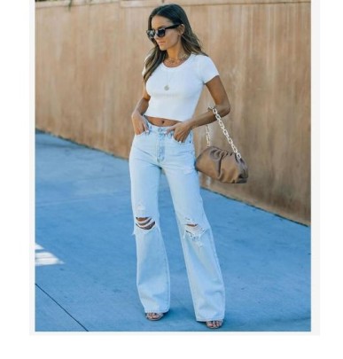 High-Waisted Slim Ripped Loose Jeans NSYF57068