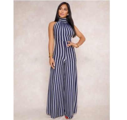 Striped Lace Up Backless Wide Leg Jumpsuit NSMRF116732