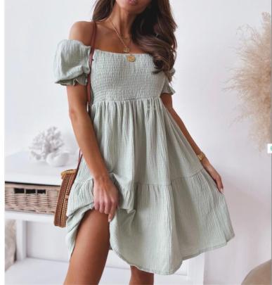 Off-The-Shoulder Wrap Chest Solid Color Dress NSYF116834