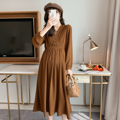 Solid Color V-Neck Long Sleeve Maternity Clothes Dress NSXYL116853