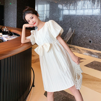 Solid Color Loose Puff Sleeves Mid-Length Maternity Clothes Dress NSXYL116856