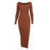 Low-Cut Slit Long-Sleeved Slim Solid Color Knitted Dress NSHT116920