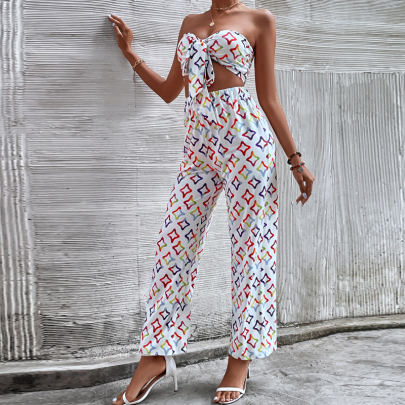 Print Tube Top Backless Straight Leg Top And Trousers Suit NSYID117160