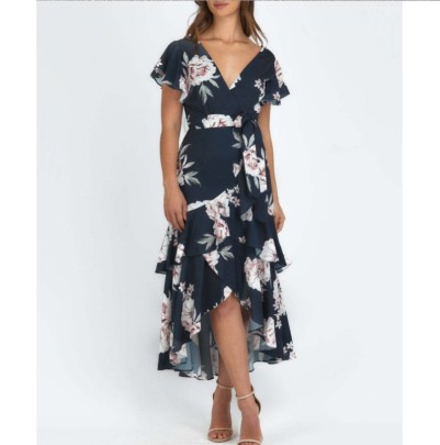 V-neck Short Sleeve Ruffle Lace-up Flower Print Dress NSJRM117778