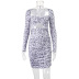 printing halter neck wrap chest hollowed long-sleeved tight dress NSJYF118104