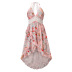 deep V ruffle hanging neck backless flower print lace dress NSHYG118145