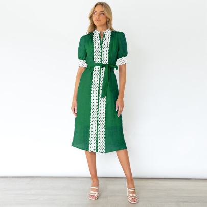 Slim High Waist Short-sleeved Lace-up Color Matching Dress NSHYG118149