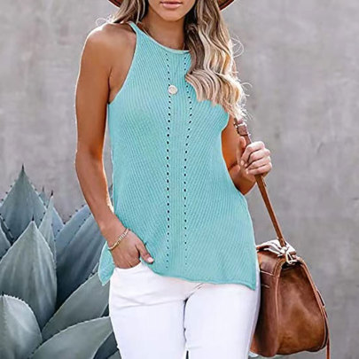 Loose Round Neck Sleeveless Hollow Solid Color Knitted Vest NSWJY118221