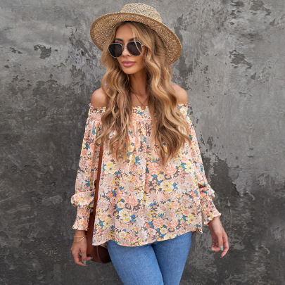 One-word Collar Loose Long Sleeve Floral Chiffon Top NSSI118236
