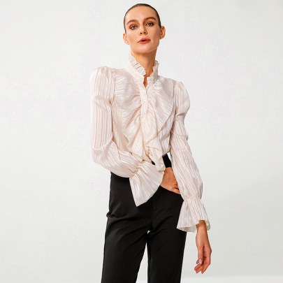 Long-sleeved Stand-up Collar Slim Ruffled Button-down Top NSWX118277