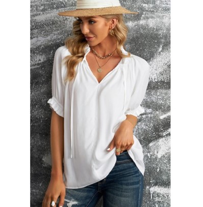 Short-sleeved V-neck Fungus Edge Solid Color Chiffon Top NSSI118229