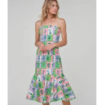 Summer Checkered Floral Print Backless Long Sling Dress  NSYJN118198