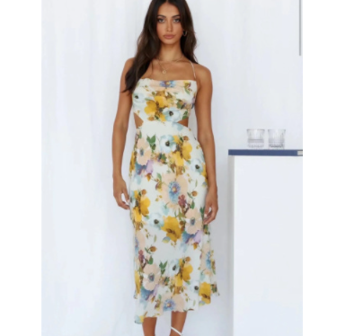 Sexy Sleeveless Backless Lace-up Floral Print Long Sling Dress  NSYJN118200