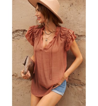 Short-sleeved V-neck Ruffled Lace-up Solid Color Top NSSI118230