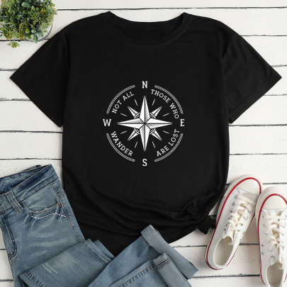 Compass Print Short Sleeve Loose T-Shirt NSYAY122739