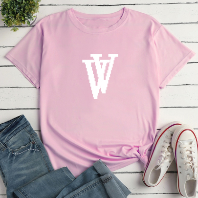 Letter Double V Pattern Print Casual And Simple Short-sleeved Round Neck T-shirt NSYID122733