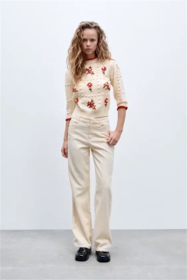 Flower Embroidery Round Neck Sweater NSYJN118472