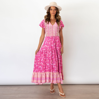 Summer Short-sleeved V-neck Floral Print Dress  NSHYG118512
