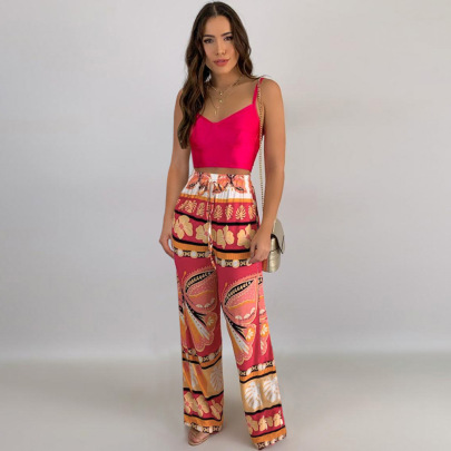 Summer High Waist Wide Leg Print Straight Beach Trousers  NSHYG118518