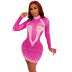 hot drill high neck long sleeve tight prom solid color mesh dress NSFYZ118534