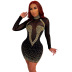 hot drill high neck long sleeve tight prom solid color mesh dress NSFYZ118534