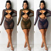 sequins hot diamond hollow strappy long sleeve mesh two-piece set without panties NSFYZ118536