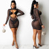 sequins hot diamond hollow strappy long sleeve mesh two-piece set without panties NSFYZ118536