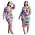 plus size long-sleeved deep V floral print package hip tight dress NSCYF118599